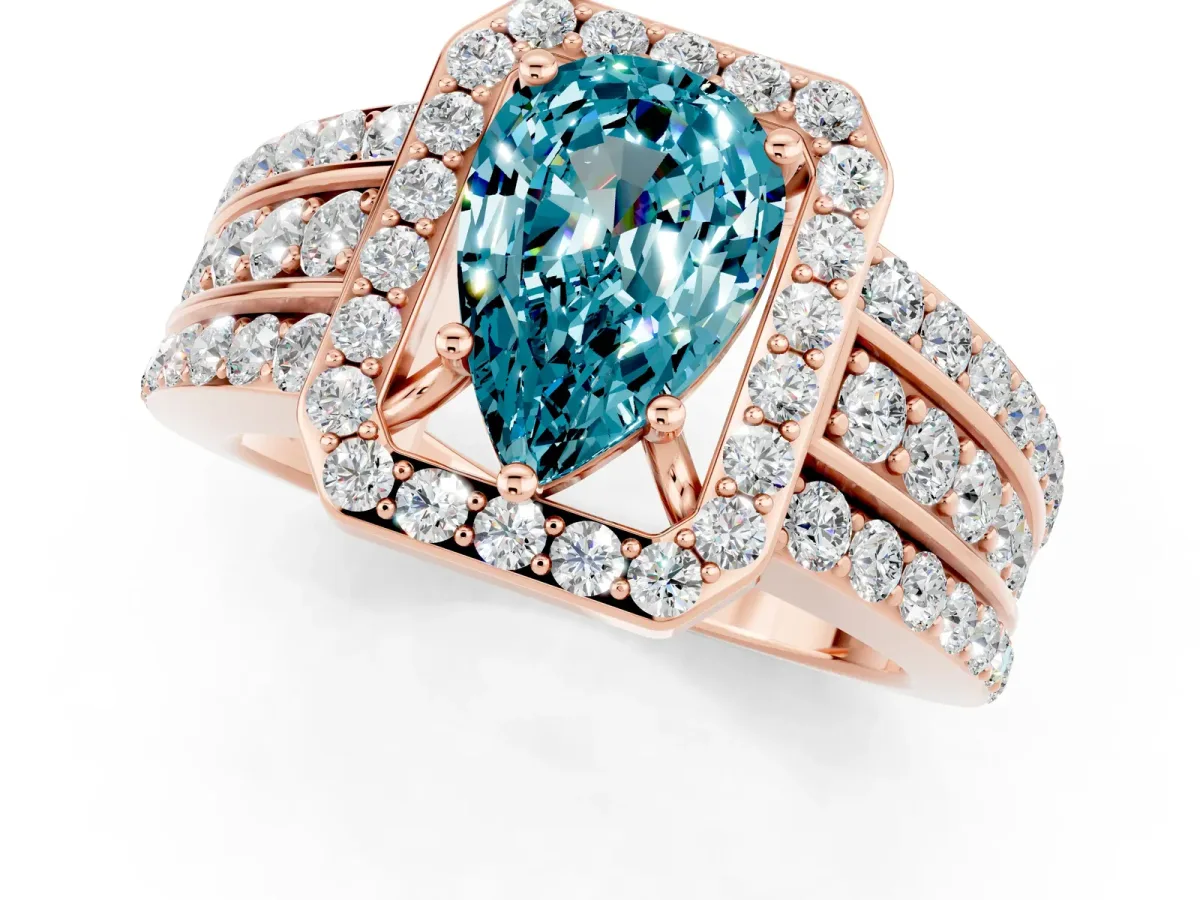 Pear Cut Halo Blue Topaz Ring with Round Split Shank and Prong Setting Rose gold