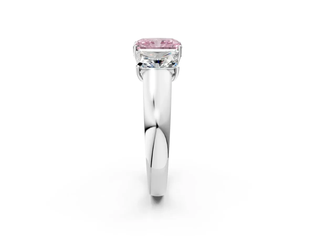 Fancy Pink Three-Stone Radiant Cut Cut Diamond Ring with Prong Setting and Classic Band Platinum