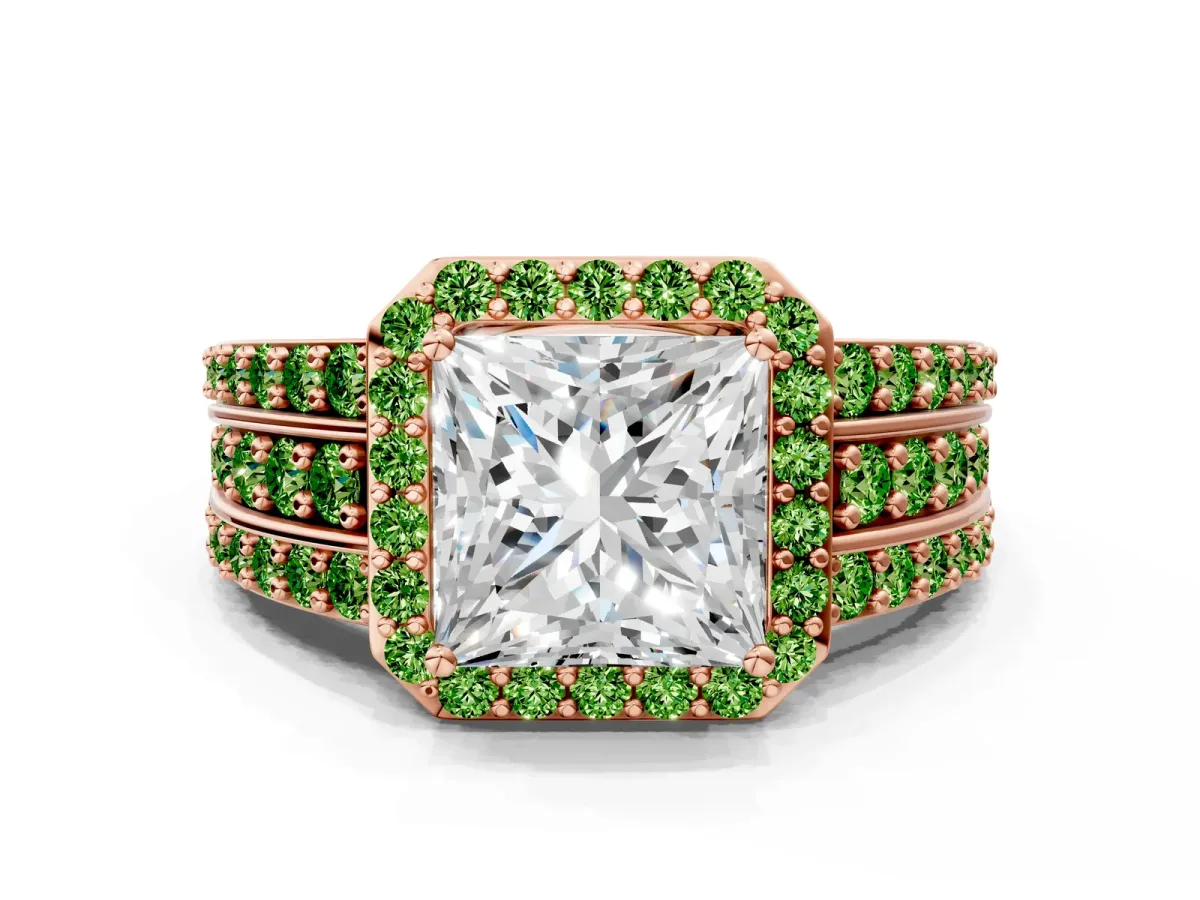 Princess Cut Halo Diamond Ring with Round Peridot Split Shank and Prong Setting Rose gold