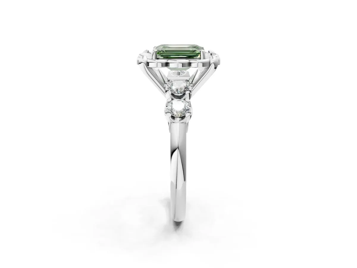 Fancy Green Emerald Cut Cut Diamond Floral Halo Engagement Ring with Shared Prong Setting Silver