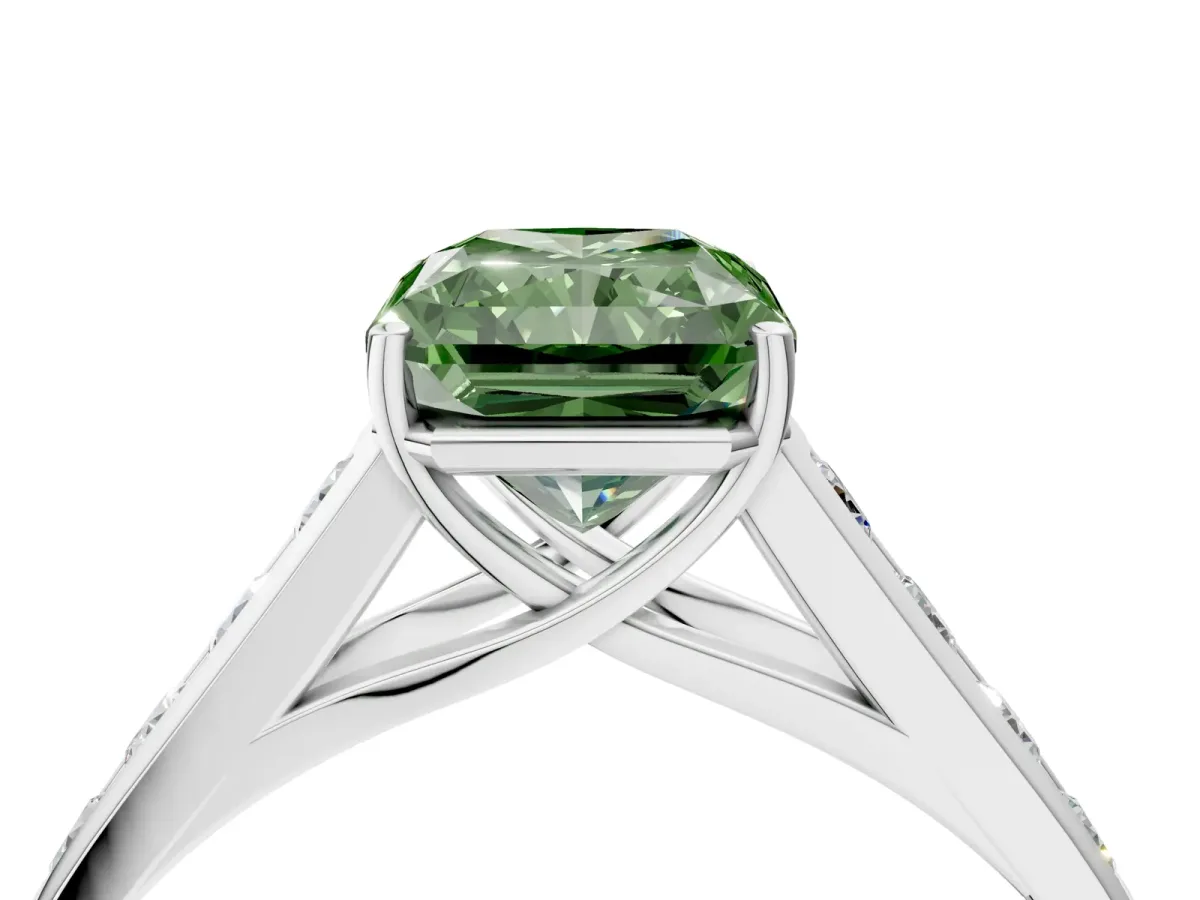 Fancy Green Radiant Cut Solitaire Channel-Set Diamond Engagement Ring with Four-Prong Setting Platinum