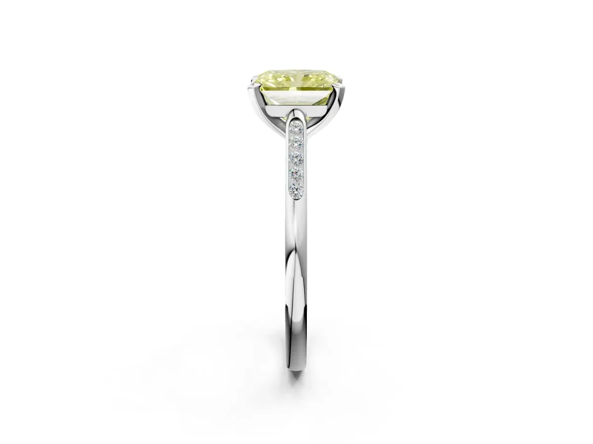 Fancy Yellow Radiant Cut Diamond Solitaire Ring with Channel Set Round Band and Prong Setting Silver