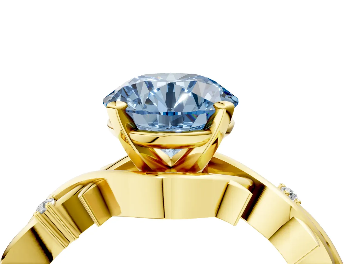 Fancy Blue Round Cut Diamond Solitaire Ring with Twisted Band and Prong Setting Yellow gold