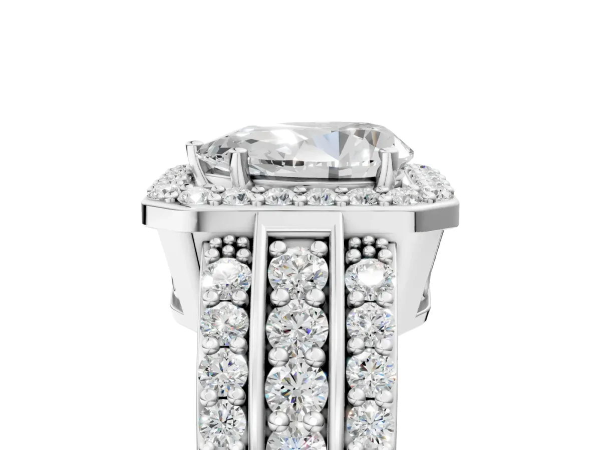 Pear Cut Halo Diamond Ring with Round Moissanite Split Shank and Prong Setting Silver