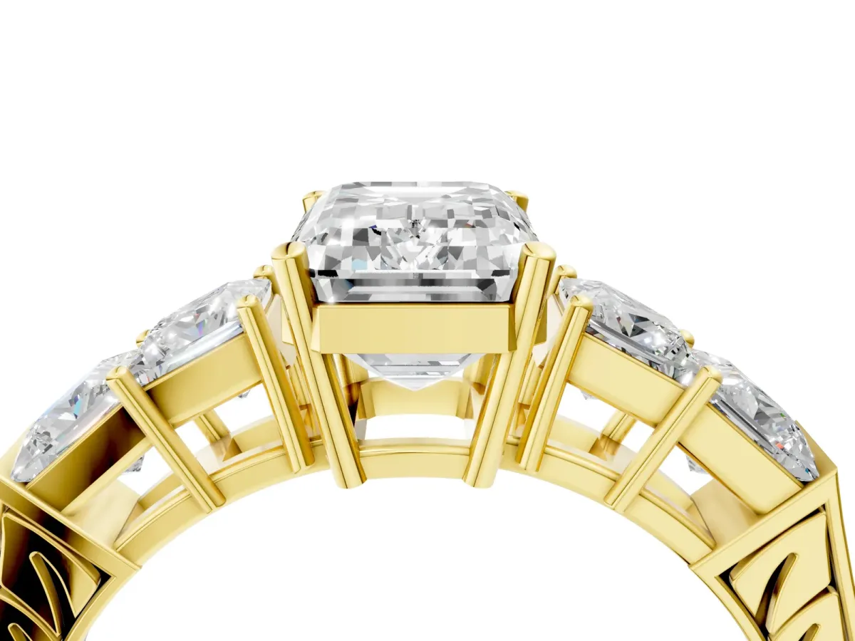 Emerald Cut Solitaire Princess Side Stone Engraved Band Prong Setting Ring Yellow gold