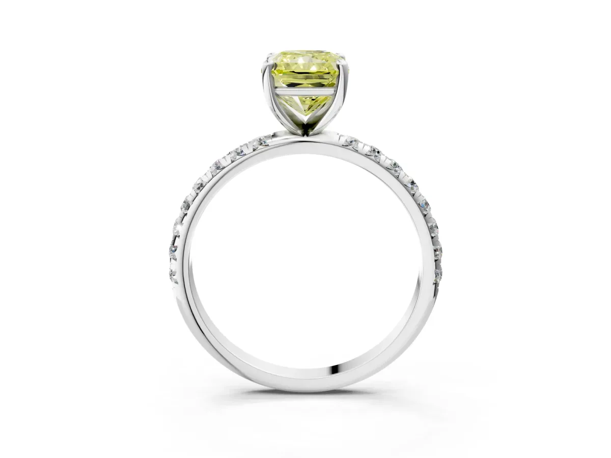 Fancy Yellow Radiant Cut Cut Diamond Solitaire Ring with Micro Pave Band and Four Prong Setting Platinum