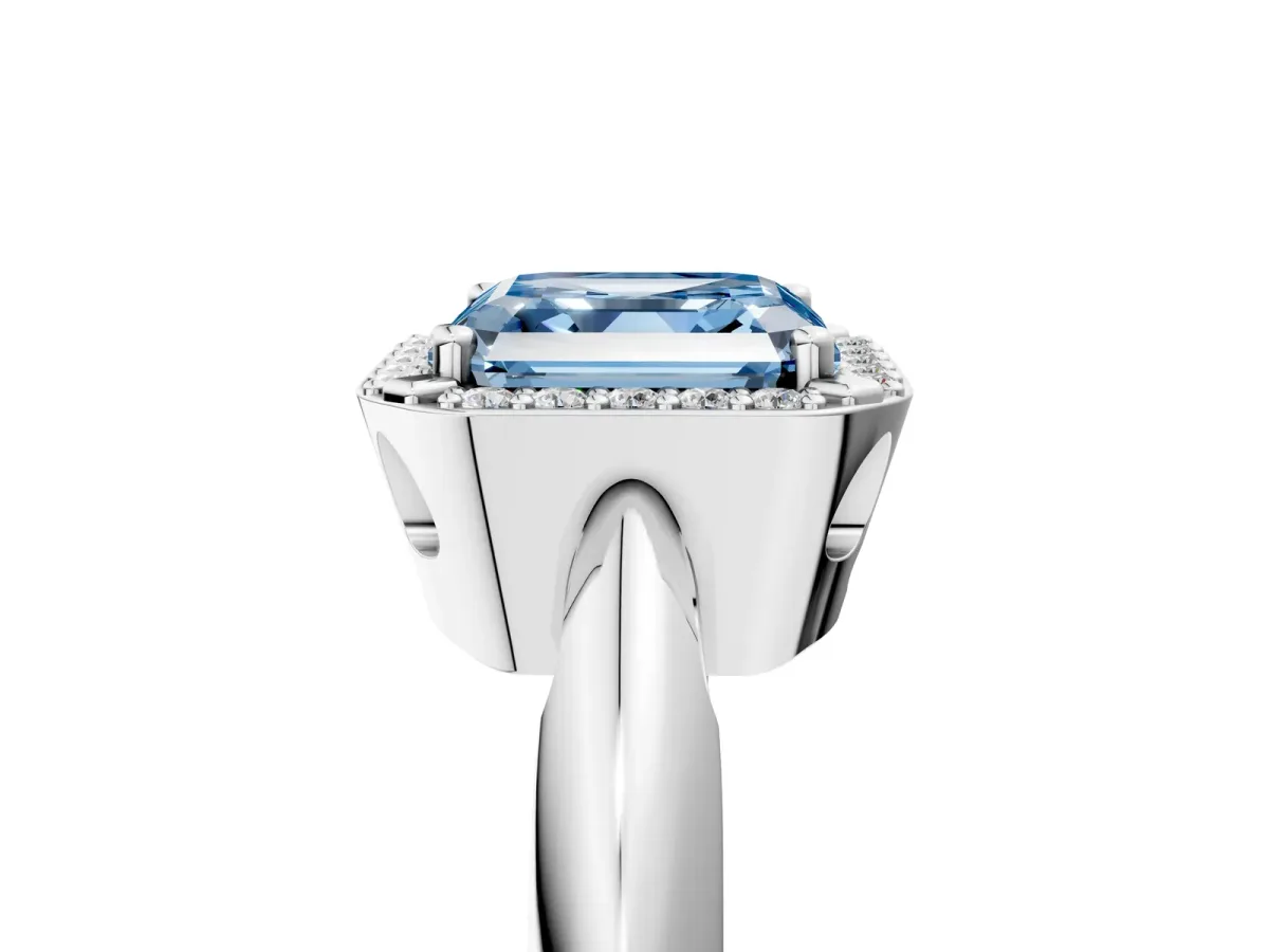 Fancy Blue Asscher Cut Cut Diamond Halo Engagement Ring with Split Shank and Four-Prong Setting Platinum