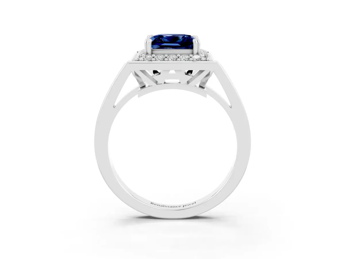 Princess Cut Blue Sapphire Halo Ring with Split Shank and Four-Prong Setting Platinum