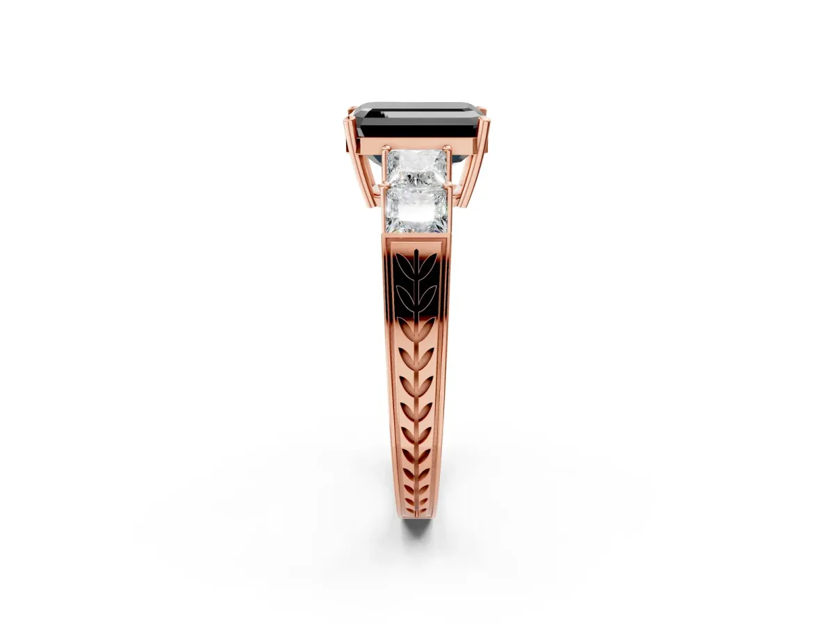 Fancy Black Emerald Cut Solitaire Princess Side Stone Engraved Band Prong Setting Ring Rose gold