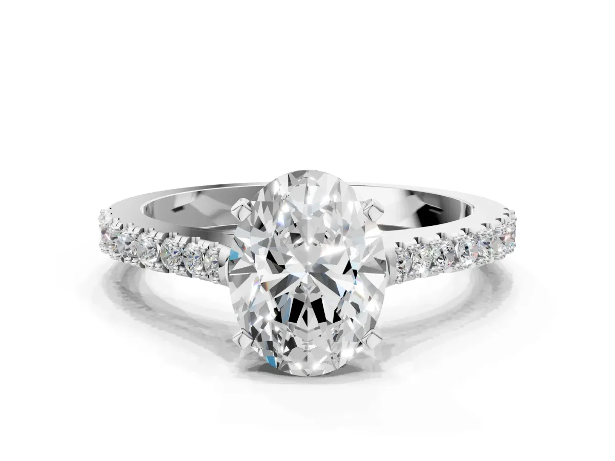 Oval Cut Cut Solitaire Diamond Engagement Ring with Pave Band and Four-Prong Setting Silver