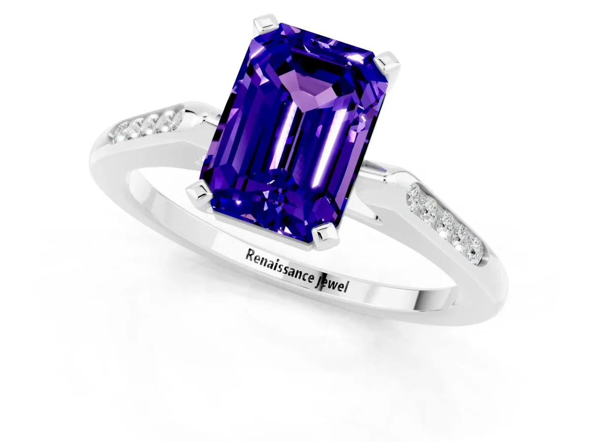 Emerald Cut Tanzanite Solitaire Ring with Channel Set Round Band and Prong Setting Silver
