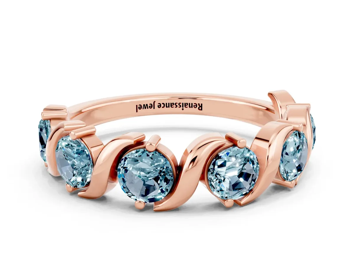 Six-Stone Round Aquamarine Wave Band with Shared Prong Setting Rose gold