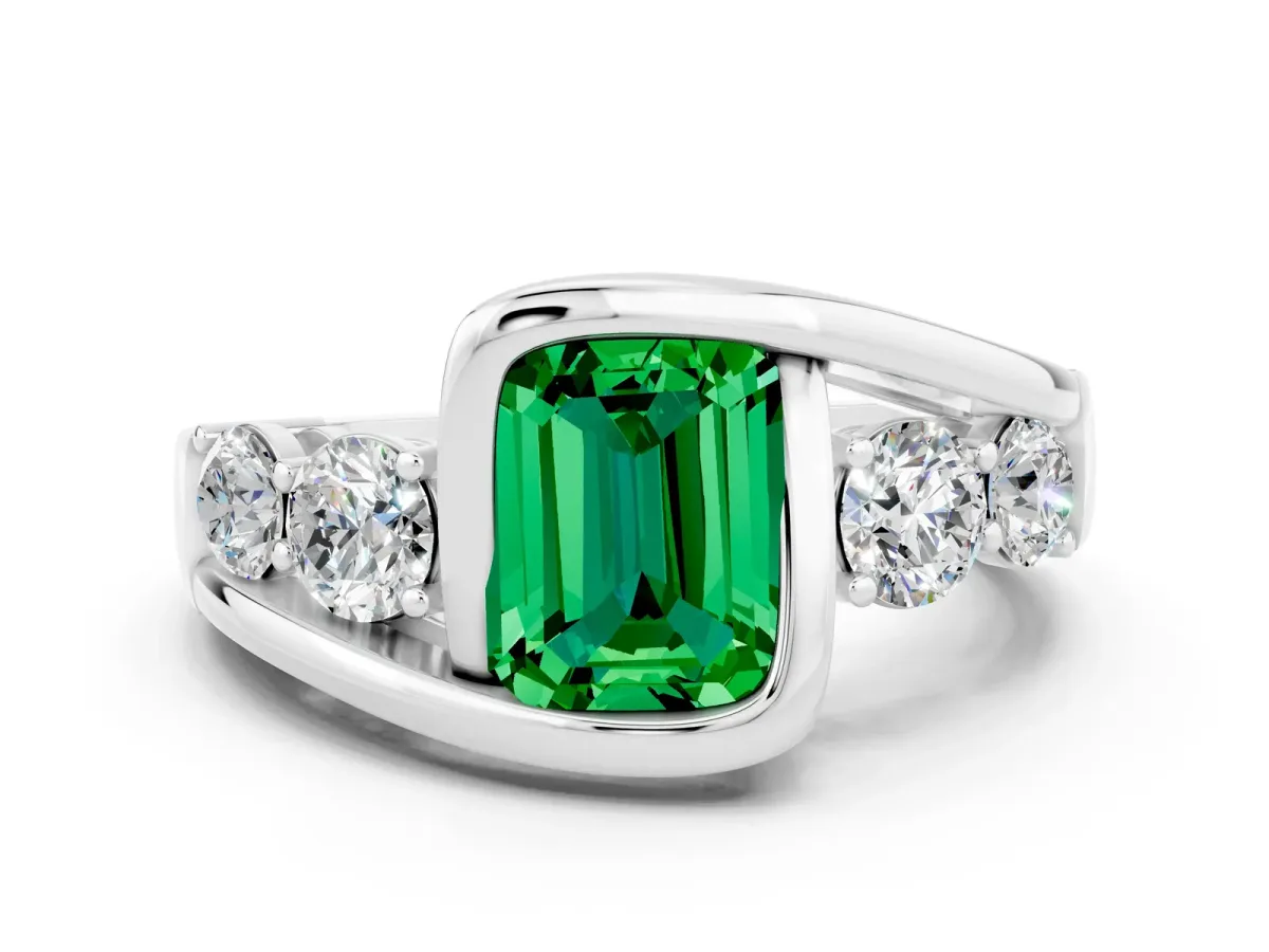 Bezel Set Emerald Cut Emerald Bypass Ring with Round Accents Platinum