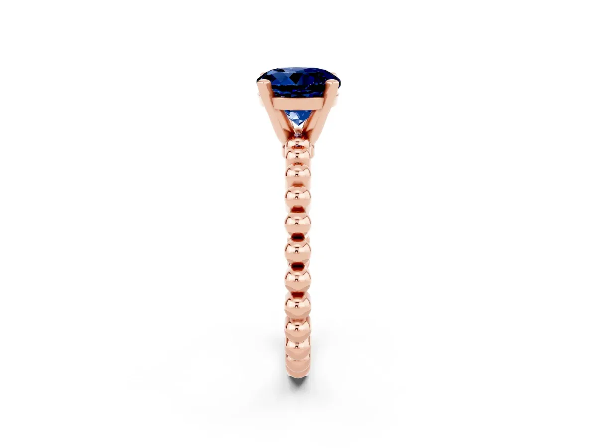 Round Cut Blue Sapphire Solitaire Ring with Beaded Band and Prong Setting Rose gold