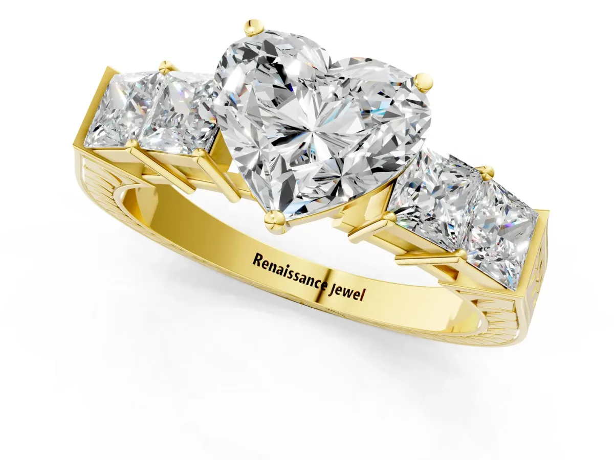 Heart Cut Solitaire Princess Side Stone Engraved Band Prong Setting Ring Yellow gold