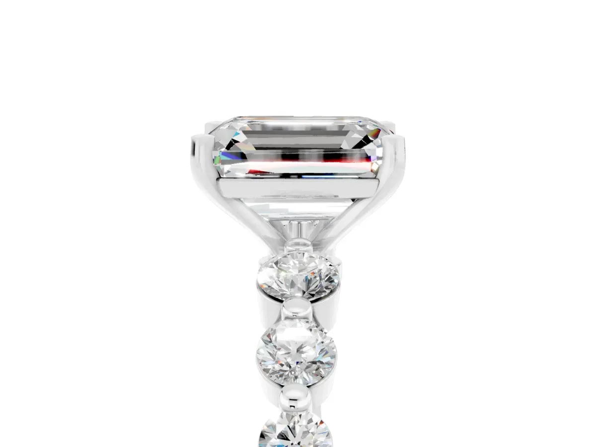 Emerald Cut Solitaire Moissanite Ring with Pave Band and Four-Prong Setting Silver
