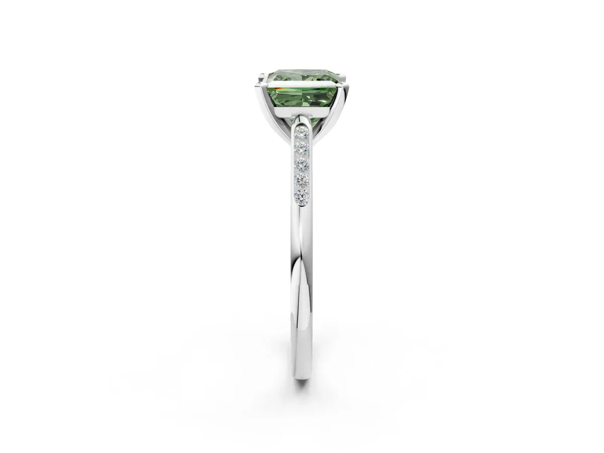 Fancy Green Princess Cut Diamond Solitaire Ring with Channel Set Round Band and Prong Setting Silver