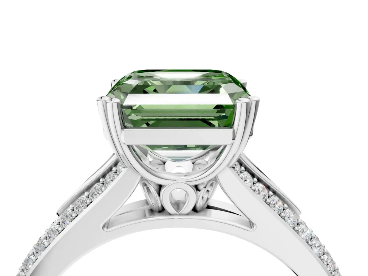 Fancy Green Asscher Cut Diamond Split Shank Engagement Ring with Pavé Band Platinum