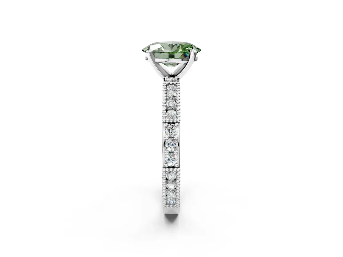 Fancy Green Oval Cut Solitaire with Pavé Band and Four-Prong Setting Silver