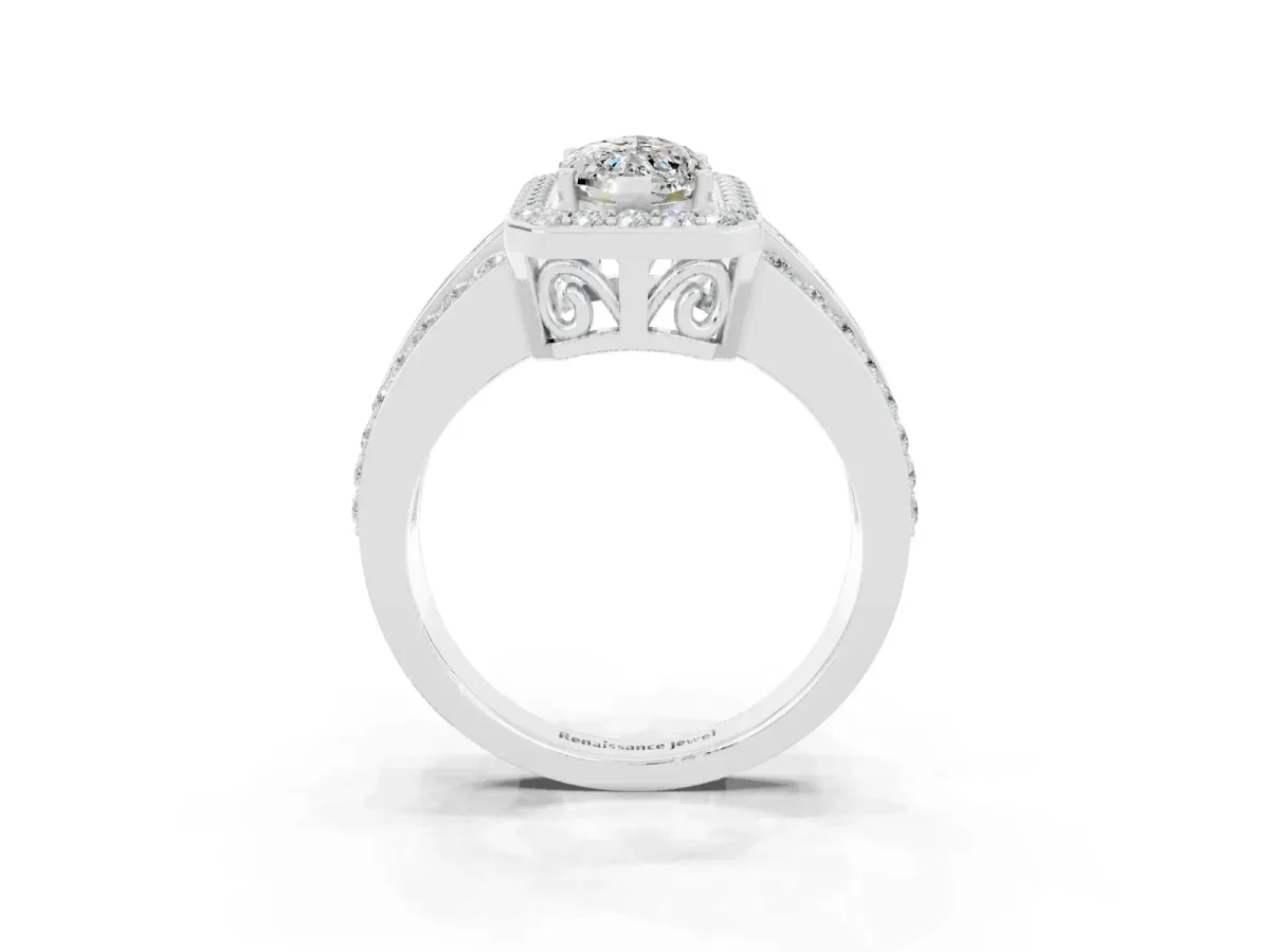 Marquise Cut Halo Moissanite Ring with Round Split Shank and Prong Setting Silver