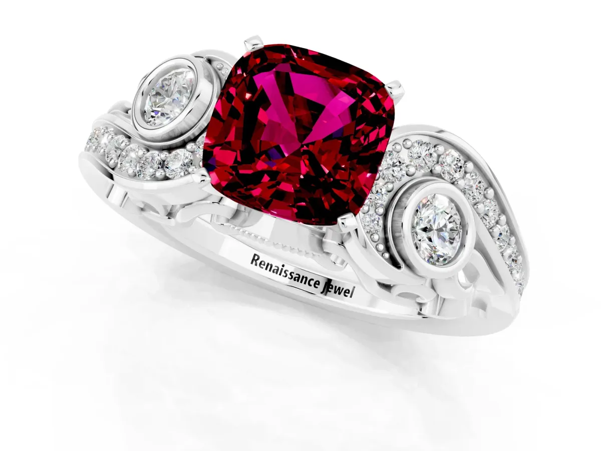 Cushion Cut Garnet Solitaire Ring with Milgrain Pavé Band and Four-Prong Setting Silver