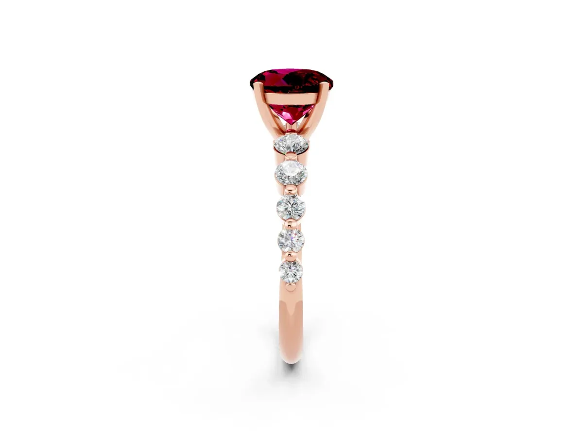 Round Cut Solitaire Garnet Ring with Pave Band and Four-Prong Setting Rose gold