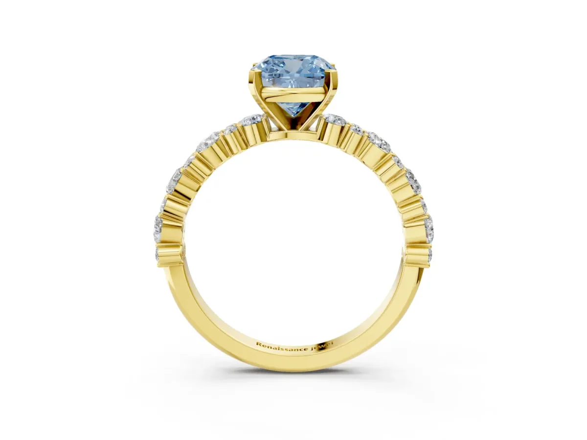 Fancy Blue Cushion Cut Diamond Side Stone Solitaire Ring with Round and Four-Prong Setting Yellow gold