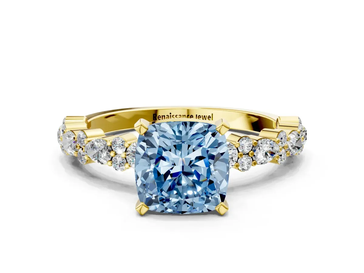Fancy Blue Cushion Cut Diamond Side Stone Solitaire Ring with Round and Four-Prong Setting Yellow gold