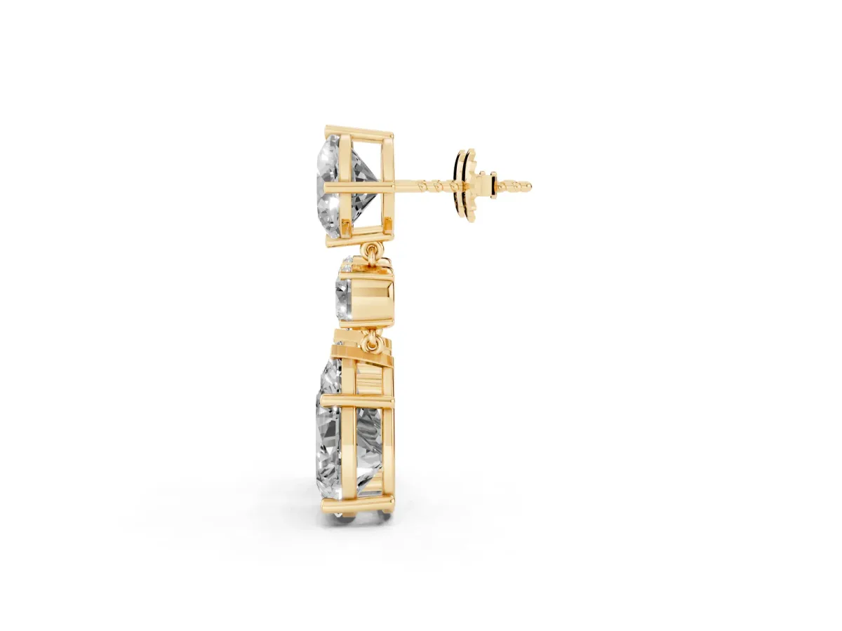 Cushion, Round and Pear Diamond Three-Stone Drop Earrings Yellow gold