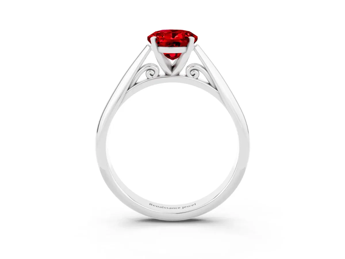 Oval Cut Ruby Solitaire Engagement Ring with Cathedral Setting and Four-Prong Mount White gold