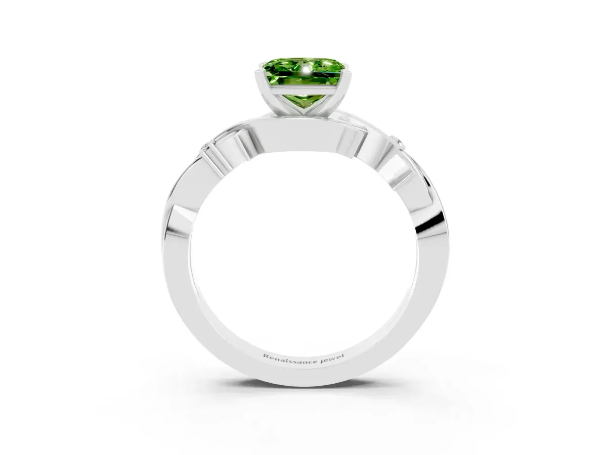 Princess Cut Peridot Solitaire Ring with Twisted Band and Prong Setting Platinum