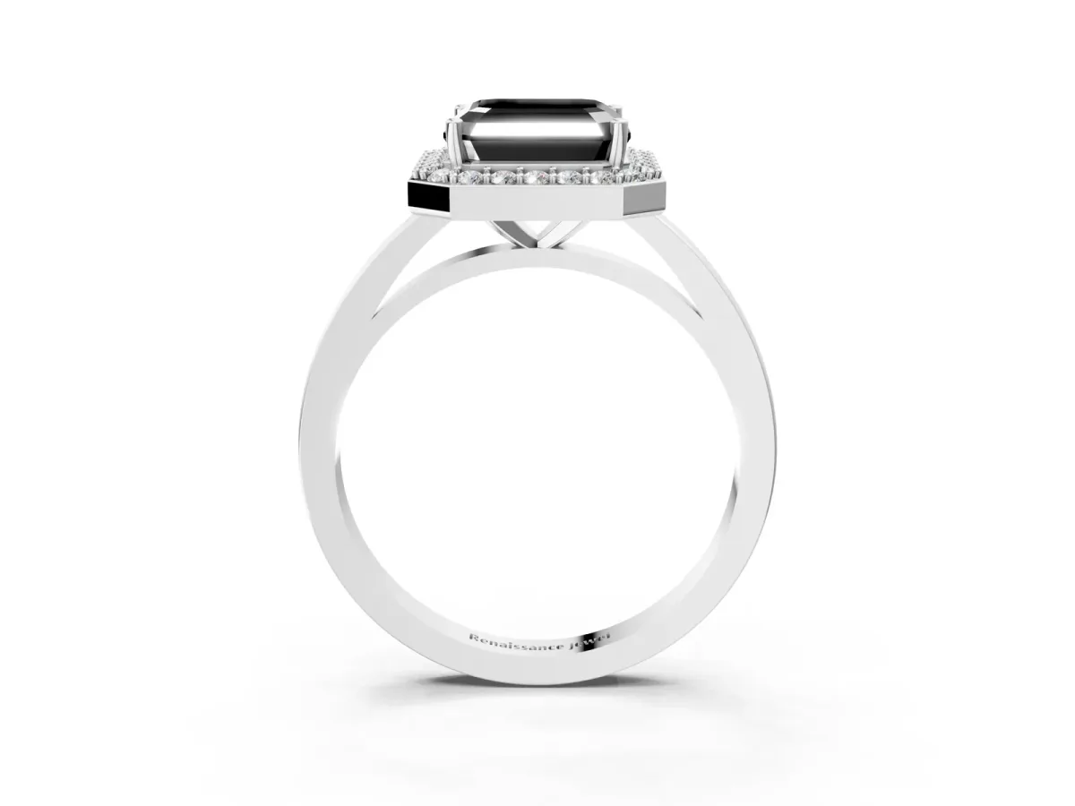 Fancy Black Asscher Cut Halo Diamond Ring with Solitaire Band and Prong Setting Platinum