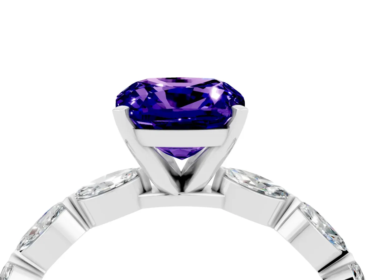 Cushion Cut Tanzanite Ring with Marquise Side Stones and Prong Setting Platinum