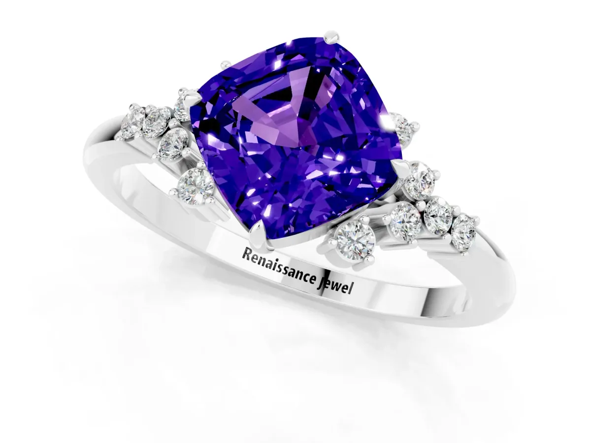 Cushion Cut Tanzanite Ring with Side Stones and Four-Prong Setting Silver