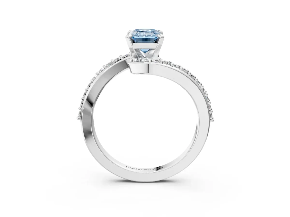 Fancy Blue Emerald Cut Solitaire Twist Band with Pave Set Diamonds and Four-Prong Setting Platinum