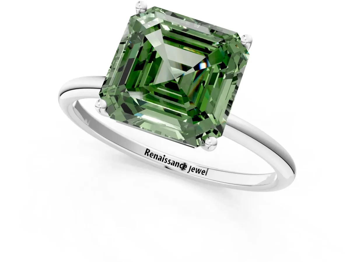 Fancy Green Asscher Cut Cut Solitaire Engagement Ring with Thin Band and Four-Prong Setting Platinum