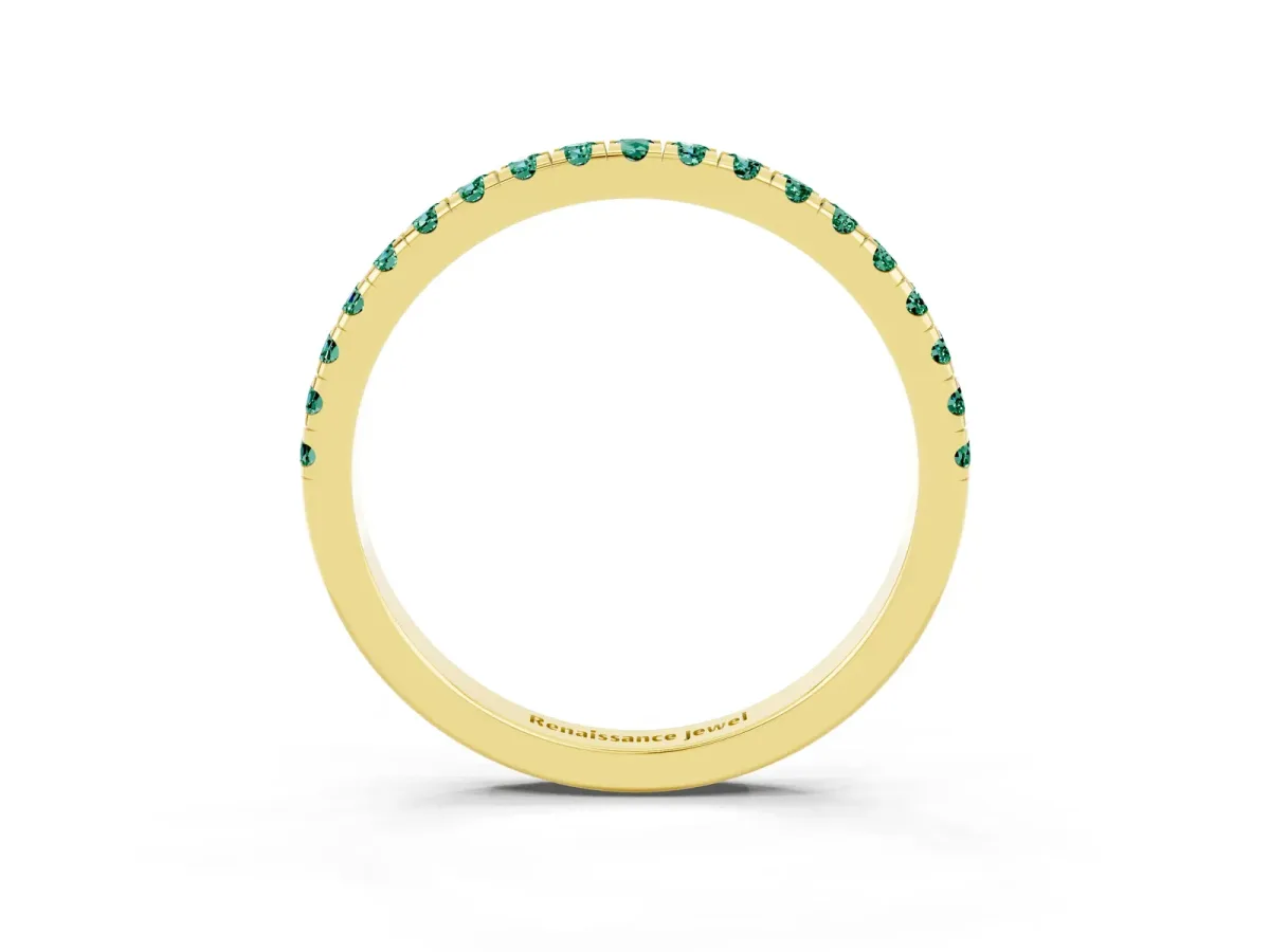 Pavé Round Green Sapphire Half Eternity Band with Shared Prong Setting Yellow gold