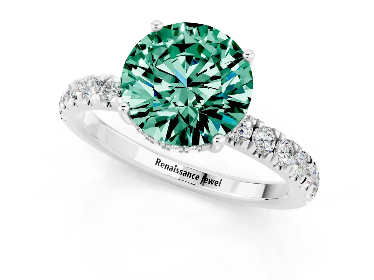 Round Cut Green Sapphire Pave Band Solitaire Ring with Round and Prong Setting Silver
