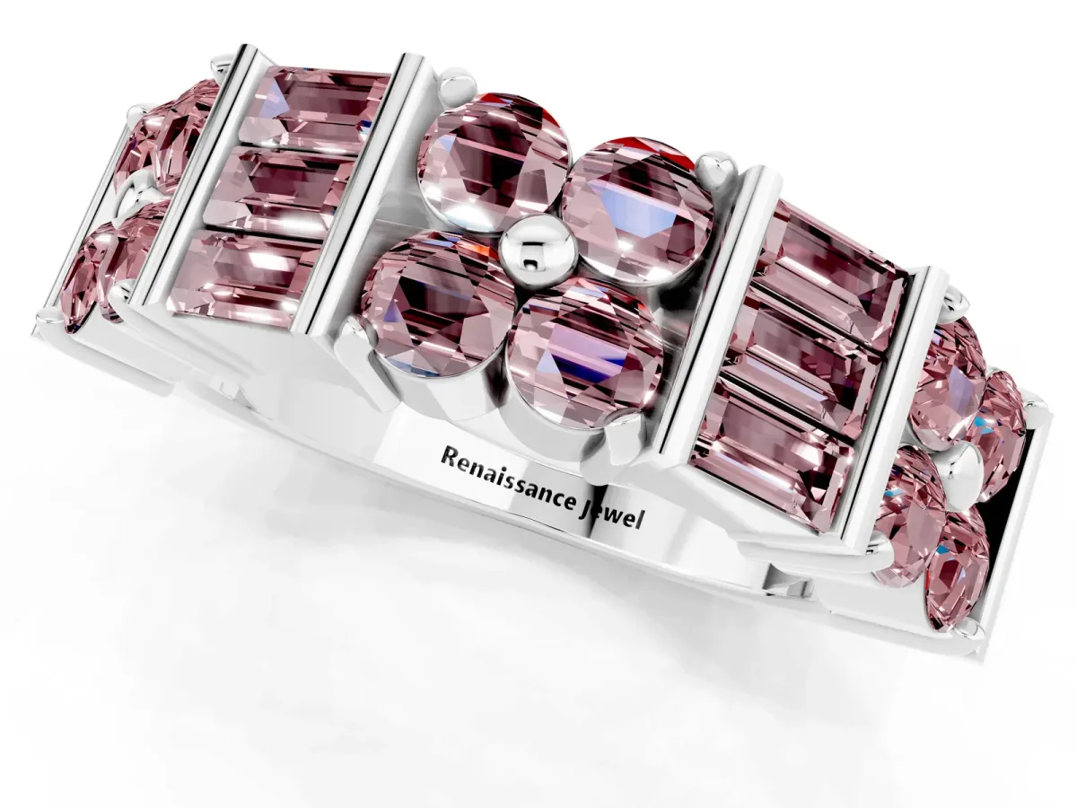 Channel Set Round and Baguette Morganite Anniversary Band with Prong Setting Silver