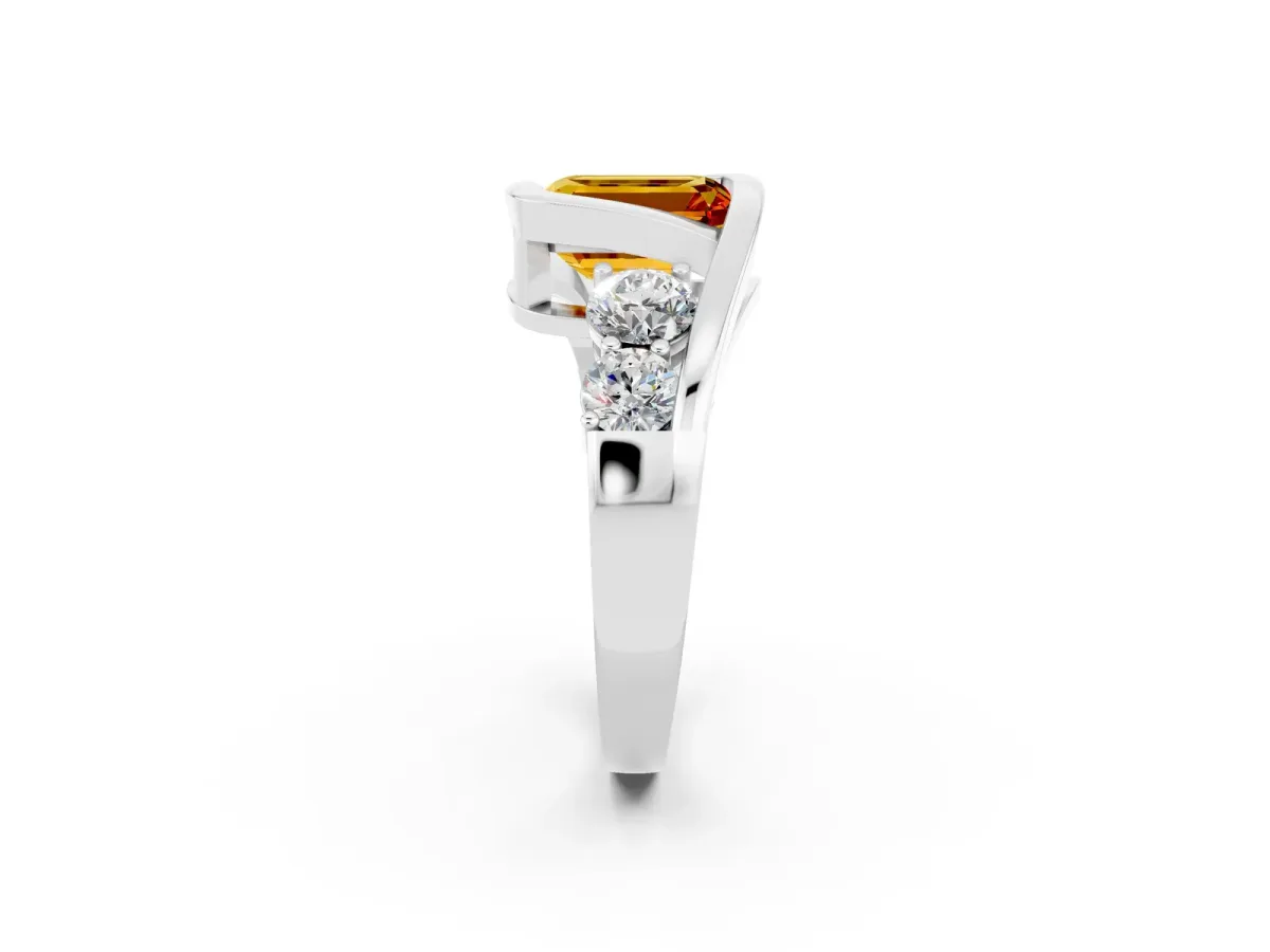 Bezel Set Emerald Cut Citrine Bypass Ring with Round Accents Platinum