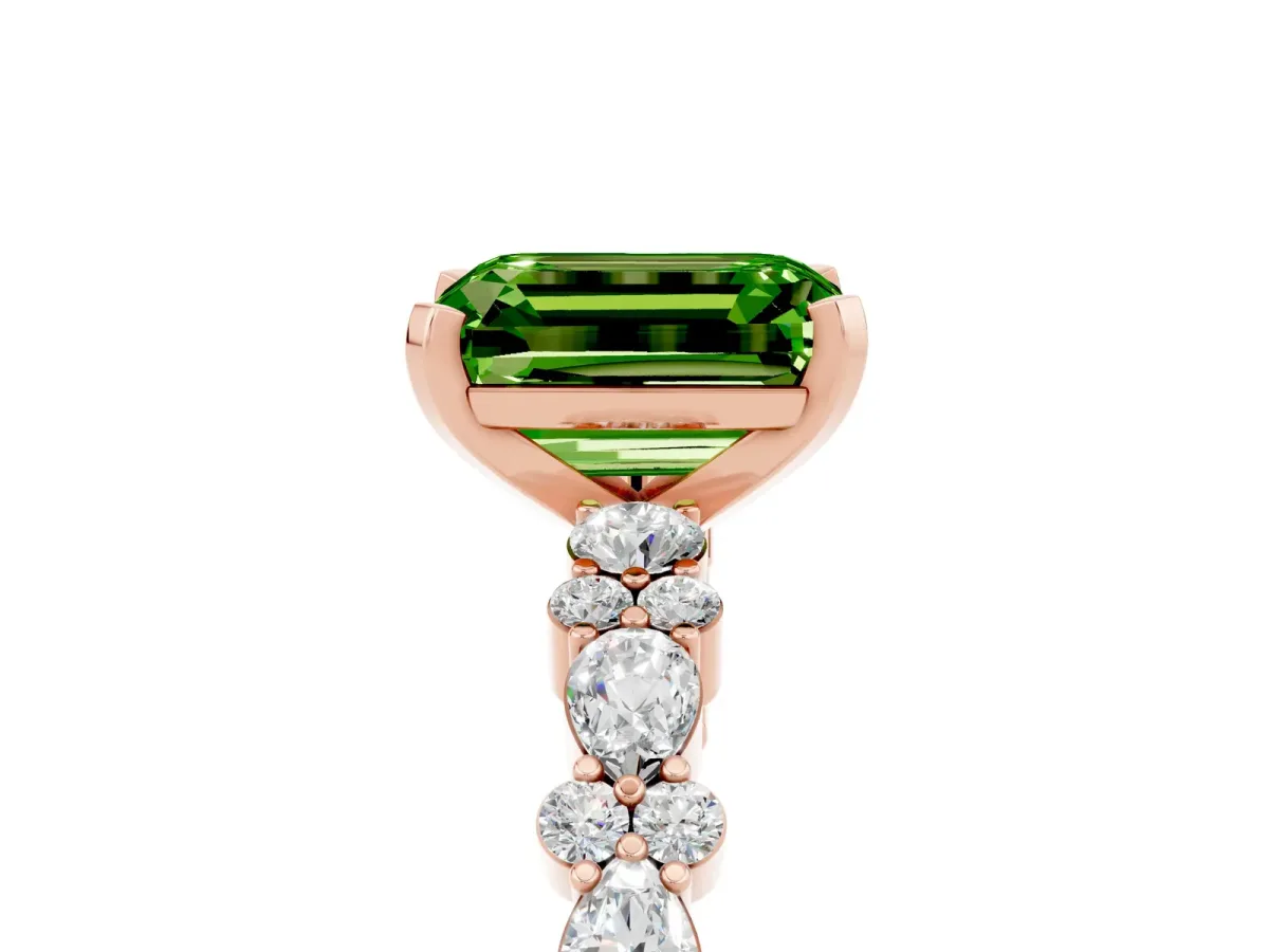 Emerald Cut Peridot Side Stone Solitaire Ring with Round and Four-Prong Setting Rose gold