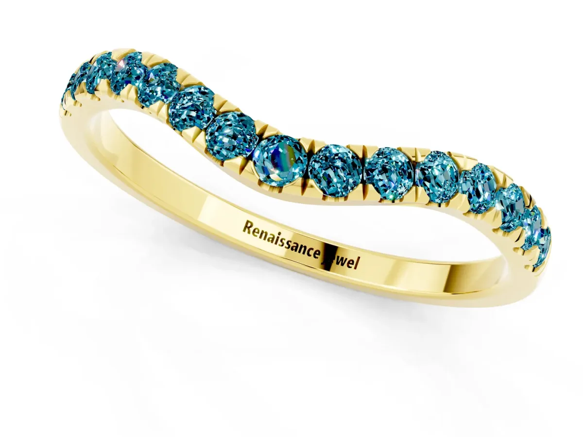 Curved Pavé Round Blue Topaz Wedding Band with Shared Prong Setting Yellow gold