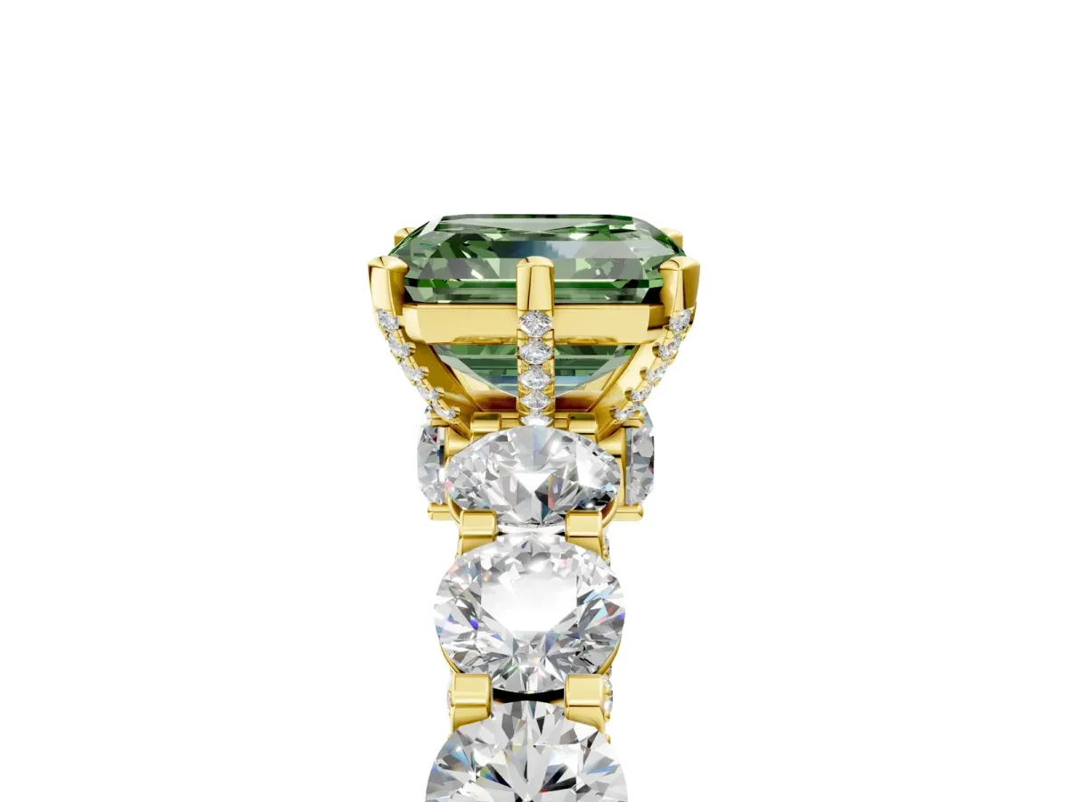 Fancy Green Asscher Cut Diamond Side Stone Engagement Ring with Four-Prong Setting Yellow gold