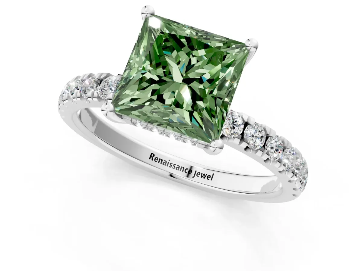 Fancy Green Princess Cut Diamond Pave Band Solitaire Ring with Round and Prong Setting Silver