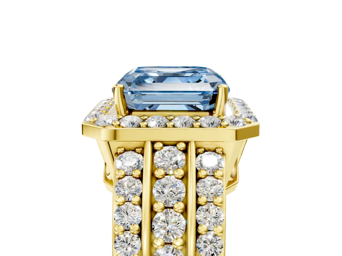Fancy Blue Asscher Cut Halo Diamond Ring with Round Split Shank and Prong Setting Yellow gold