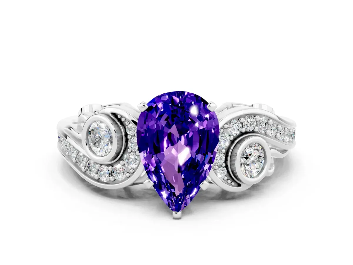 Pear Cut Tanzanite Solitaire Ring with Milgrain Pavé Band and Four-Prong Setting Silver