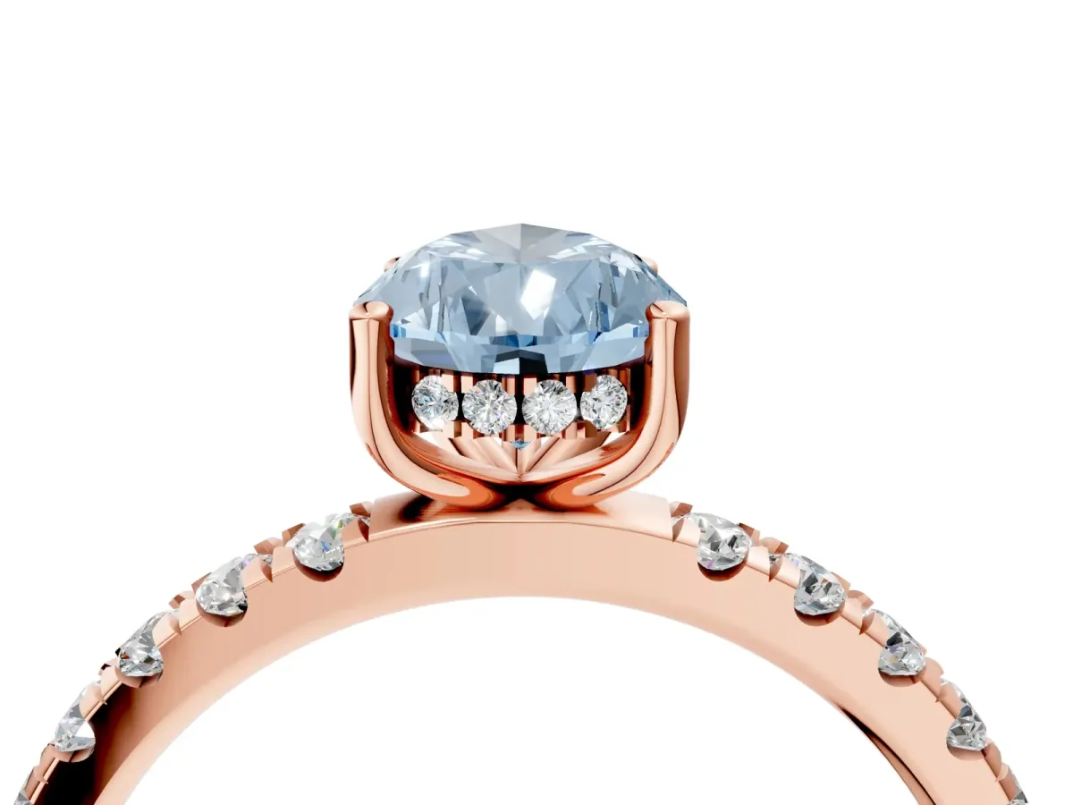 Fancy Blue Pear Cut Diamond Pave Band Solitaire Ring with Round and Prong Setting Rose gold