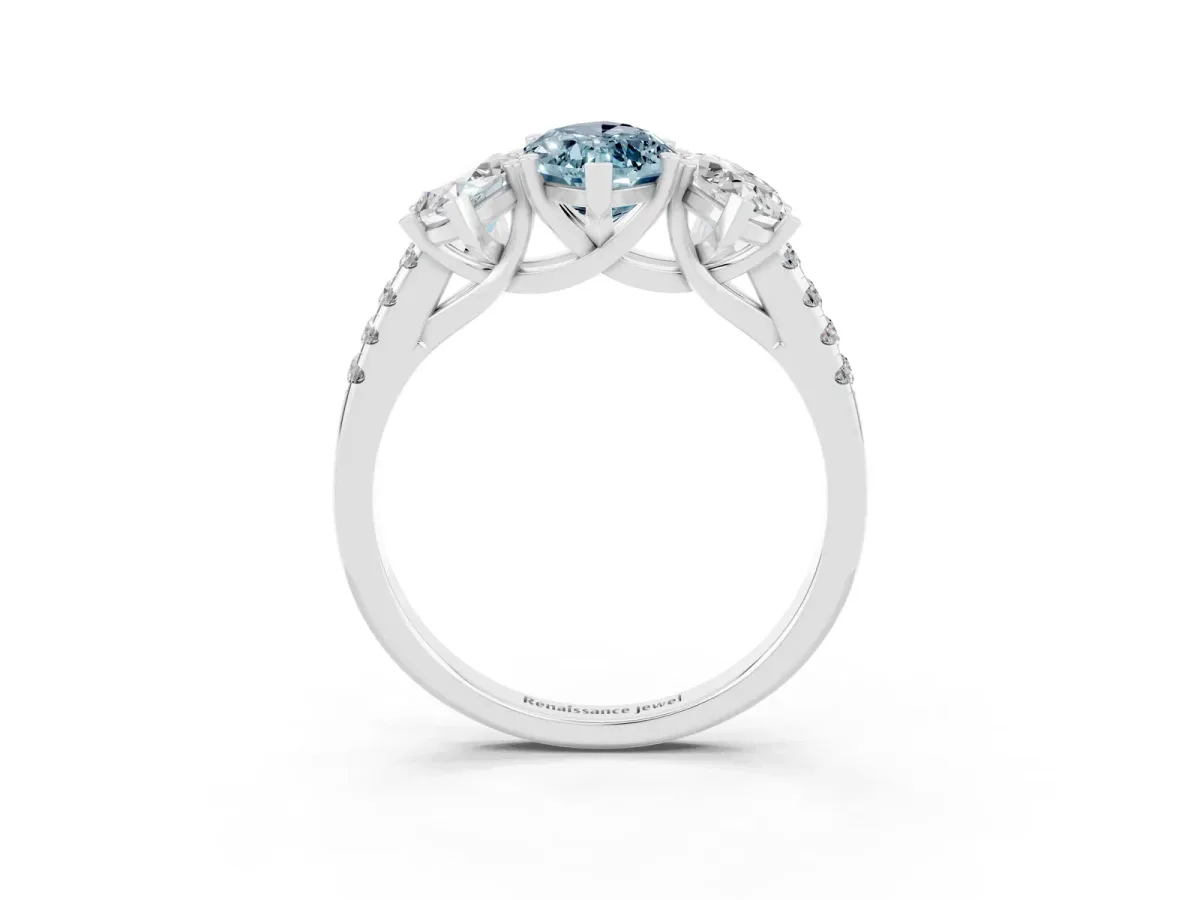 Three-Stone Marquise Cut Aquamarine Ring with Round Pavé Band and Prong Setting Silver