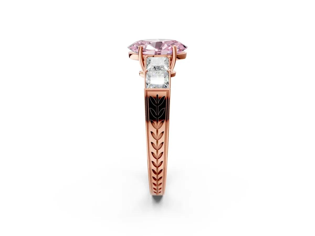Fancy Pink Oval Cut Solitaire Princess Side Stone Engraved Band Prong Setting Ring Rose gold