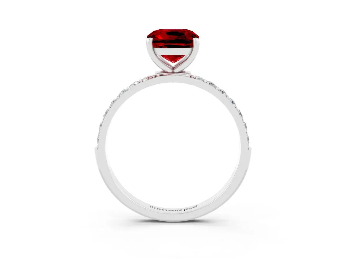 Cushion Cut Ruby Solitaire Ring with Round Pavé Band and Prong Setting Platinum